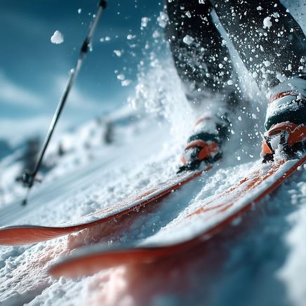 Gros plan dynamique sur un skieur dévalant une piste enneigée, la neige s'éclaboussant autour des skis orange. Montagnes à l'arrière.