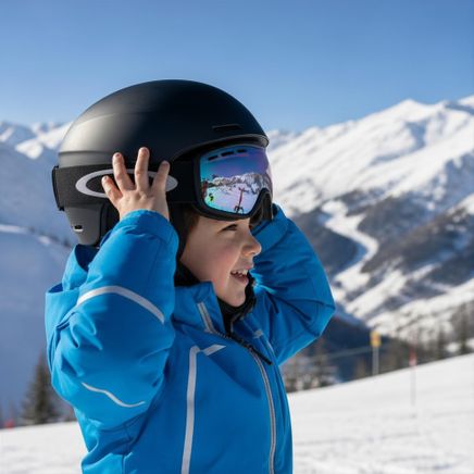 Jeune garçon souriant en combinaison bleue, casque noir et lunettes de ski, devant des montagnes enneigées. Le reflet montre un télésiège.