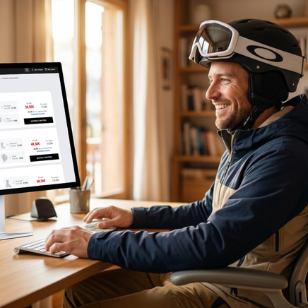 Homme souriant en casque et veste de ski, louant du matériel de ski sur un ordinateur à la maison.