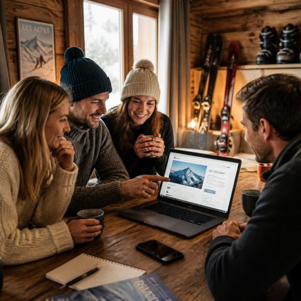 Quatre amis souriants dans un chalet, planifiant un séjour au ski sur un ordinateur portable, avec du matériel de ski en arrière-plan.