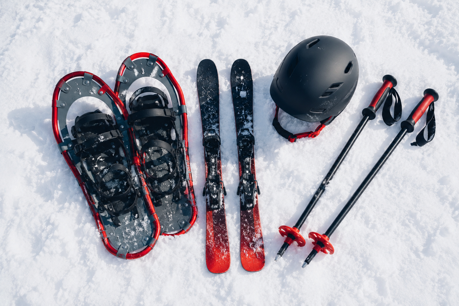 Raquettes, skis, casque et bâtons de ski rouges et noirs posés sur la neige fraîche.