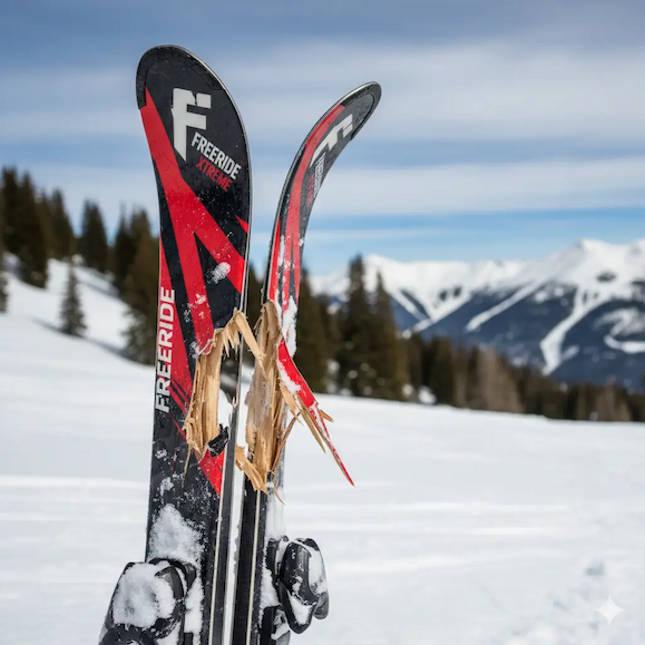 Skis de freeride noirs et rouges cassés au milieu, montrant leur âme en bois fendu, sur un paysage de montagne enneigé sous un ciel bleu.