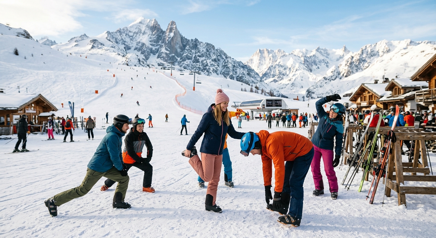 Des skieurs font des étirements sur une piste de ski ensoleillée. Des montagnes enneigées et des chalets rustiques les entourent.