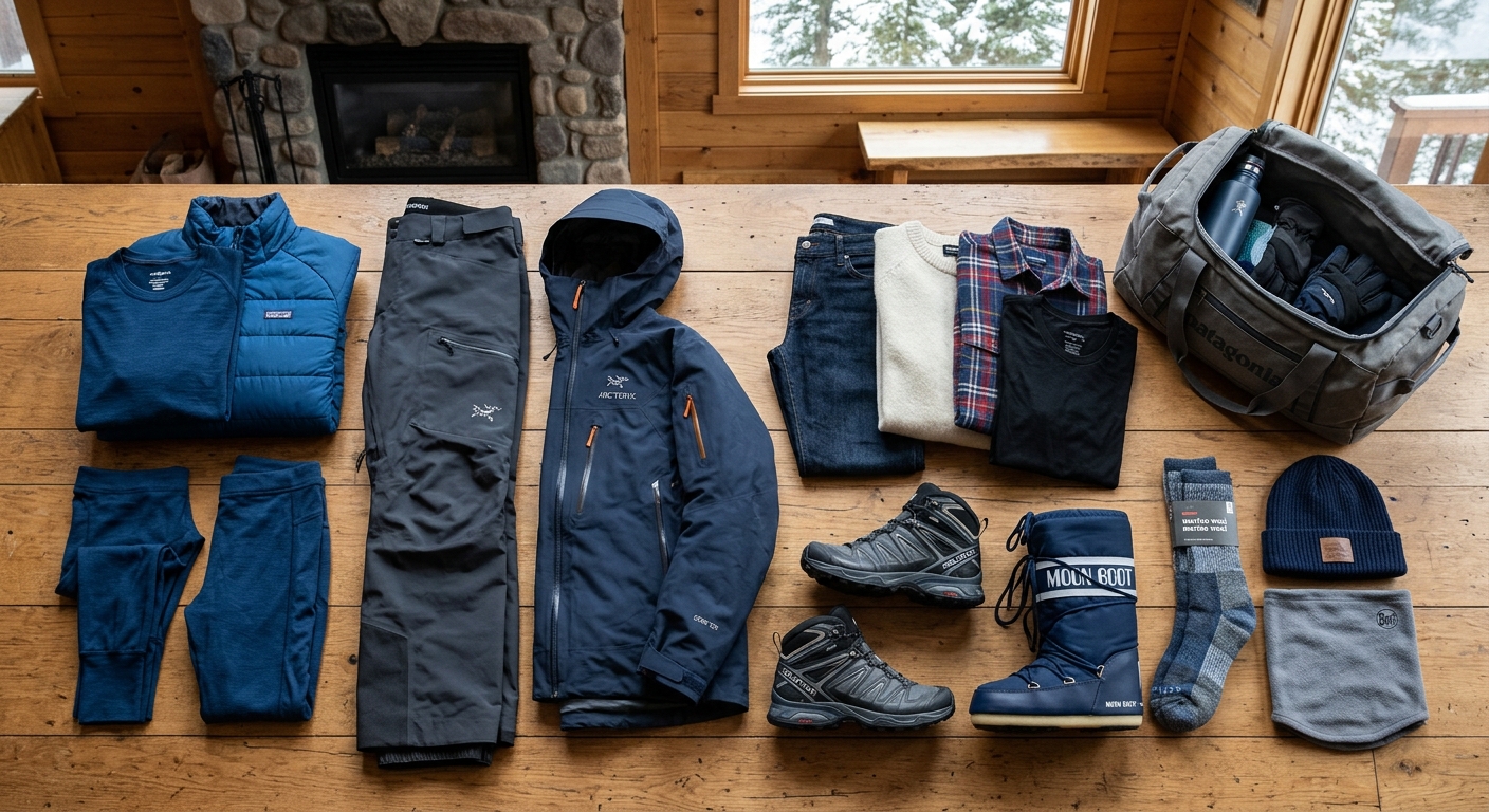 Vêtements d'hiver et de plein air (vestes, pantalons, pulls, bottes, bonnet, gants, sac de voyage) étalés sur une table en bois dans un chalet.