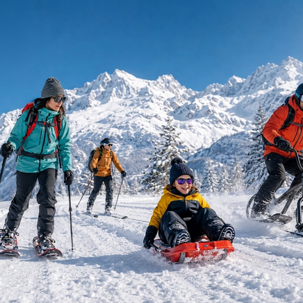 Famille profitant d'activités hivernales en montagne : raquettes, ski, luge et vélo-ski sous un soleil éclatant.