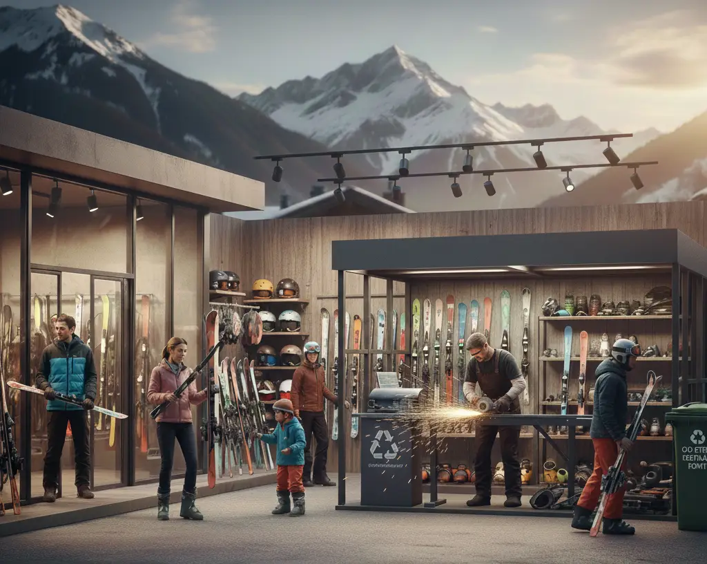 Scène animée dans un magasin de skis au pied des montagnes: un technicien affûte des skis tandis que des clients choisissent leur équipement.